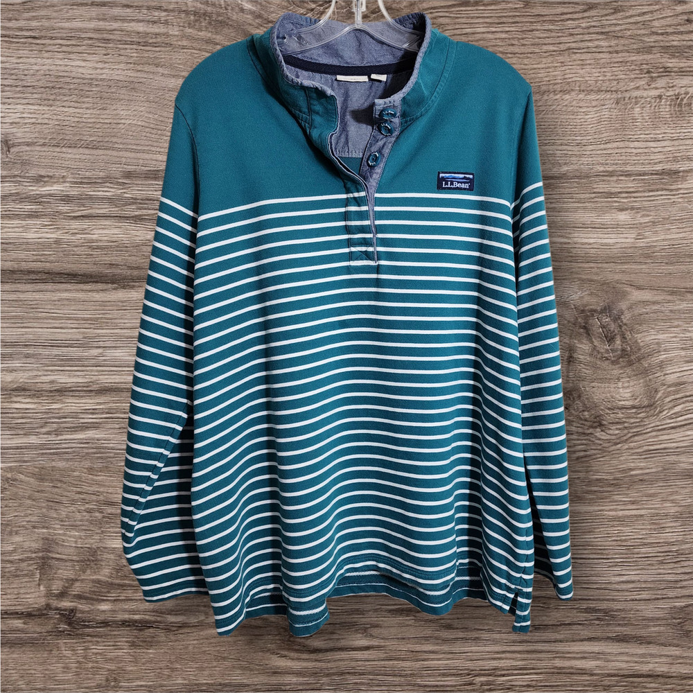 L.L. Bean teal rugby striped Henley 1/4‎ button front shirt woman's size 1X